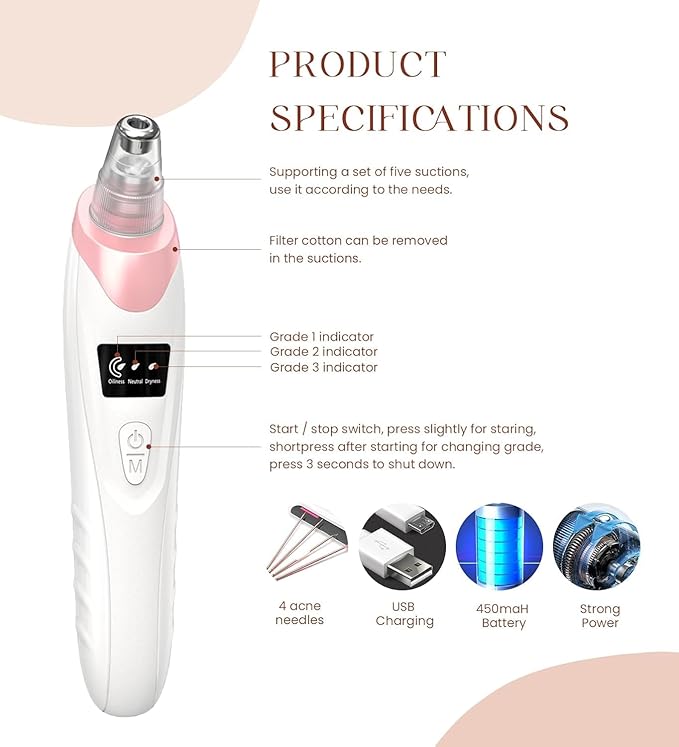 2025 Blackhead Remover Pore Vacuum,Facial Pore Cleaner-5 Suction Power,5 Probes,USB Rechargeable Blackhead Vacuum Kit Electric Acne Extractor Tool for Adult (Pink)