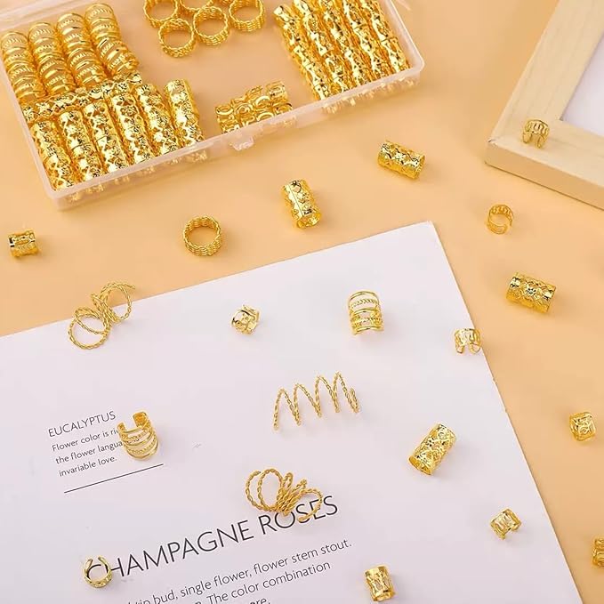 110 Pcs Gold Hair Jewelry for Braids and Dreadlocks - Metal Rings, Cuffs, Clips Accessory Decorations - Golden Yellow