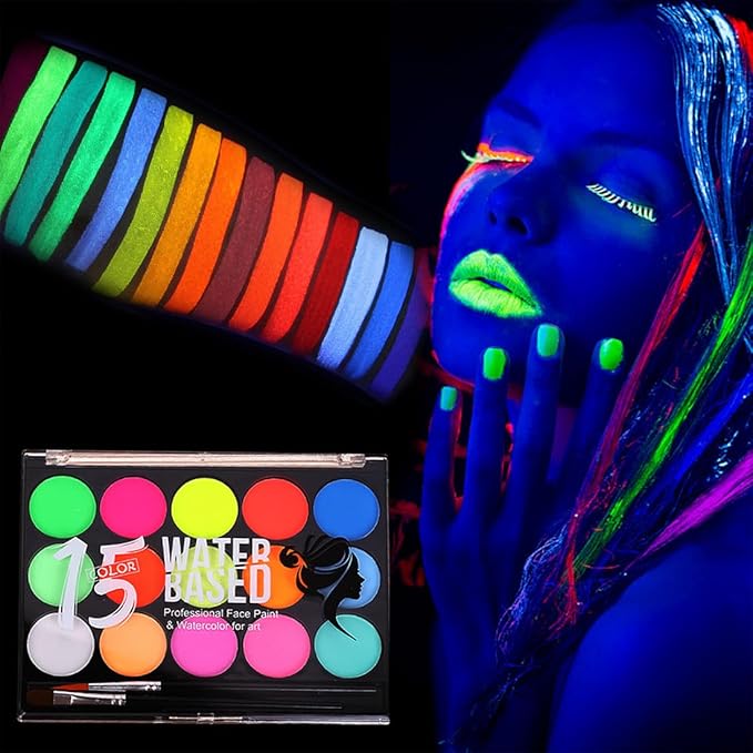 15 Color UV Blacklight Face Paint,Glow in The Dark Body Paint,Water Based Neon Fluorescent Face Painting Kit Palette,Water Activated Eyeliner Makeup,Washable for Kids Adult Halloween Masquerades Club