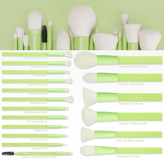 18pcs Colorful Makeup Brush Set with Make up Bag and Sponge Applicators for Liquid Foundation - Professional Cosmetics Tools Blush Blending Blender Brushes Gift Pack (Green)