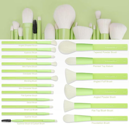 18pcs Colorful Makeup Brush Set with Make up Bag and Sponge Applicators for Liquid Foundation - Professional Cosmetics Tools Blush Blending Blender Brushes Gift Pack (Green)