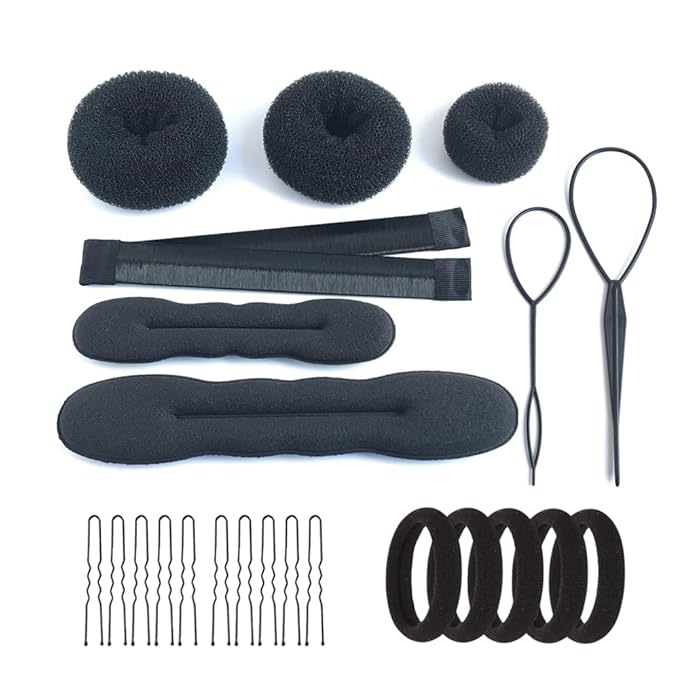 Hair Accessories Set: 3 Donut Bun Makers, 2 Foam Sponge Shapers, 1 French Twist Clip, 2 Snap Buns, 10 Elastics, 20 Pins (Black)