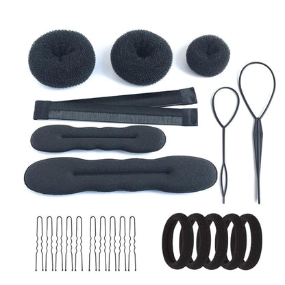 Hair Accessories Set: 3 Donut Bun Makers, 2 Foam Sponge Shapers, 1 French Twist Clip, 2 Snap Buns, 10 Elastics, 20 Pins (Black)