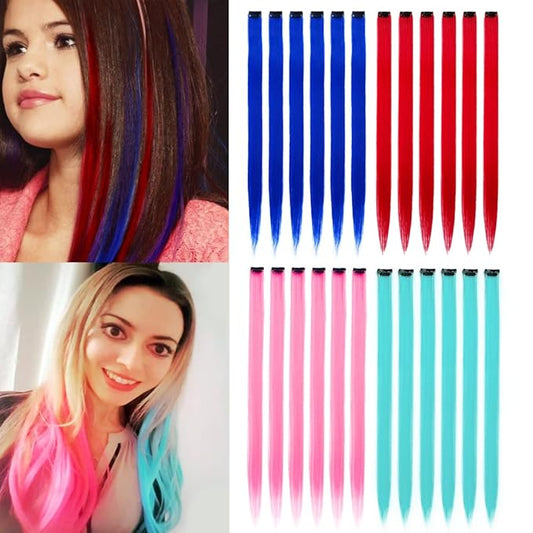 22” Colored Clip in Hair Extensions Blue Straight Hair Extensions Clip in for Kids Multi-Colors Party Highlights Hairpieces(Blue,Pink)
