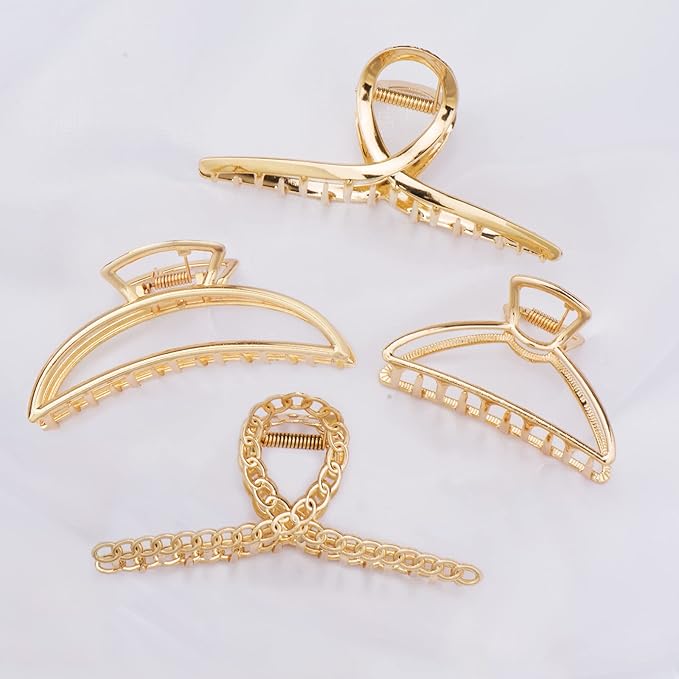 4 Pack Large Metal Hair Clips for Thin to Thick Curly Hair, 4.3 Inch Big Nonslip Gold Color Clamps, Perfect Fashion Jaw Claw Hair Styling Accessories for Women and Girls, Christmas Gifts