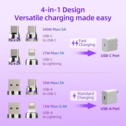 4-in-1 Universal Multi USB Charging Cable – 240W Max Fast Charger Cord with Multiple Connectors for iPhone 16/15/14/13, iPad, Samsung, MacBook, Tablets & More (White, 6.6Ft)