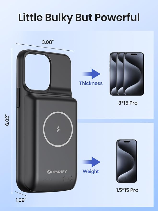 NEWDERY Battery Case for iPhone 15 Pro/iPhone 15 10000mAh, USB C Qi Wireless Charging Case, Portable Rechargeable Extended Charger Case Battery Pack - 2023 Release Black