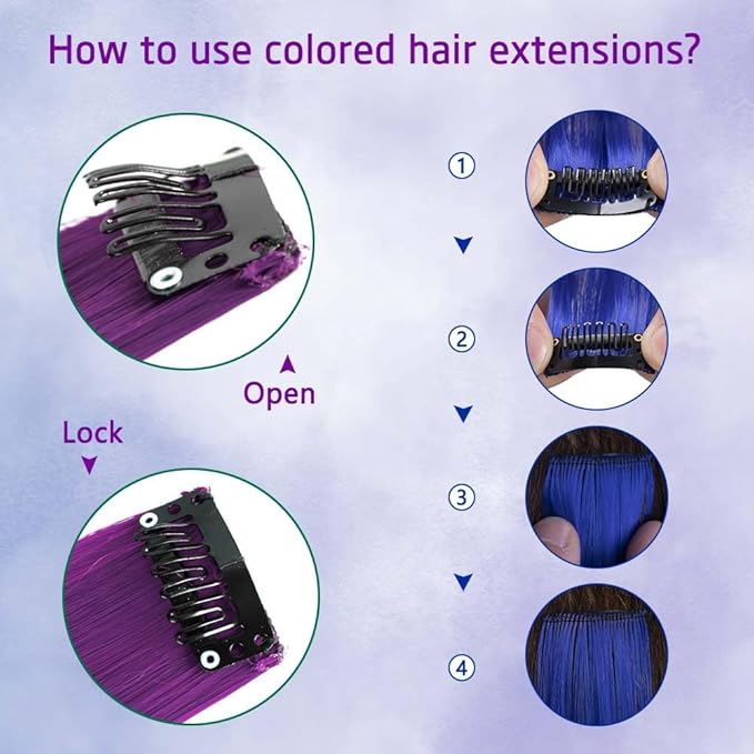 20 Inch Colored Hair Extensions Party Highlights Straight Colorful Clip In Hair Extensions Synthetic Rainbow Hairpieces for Girls Kids Gift(12Pcs, Blue-Purple)