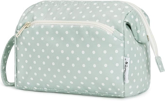 Narwey Large Women Makeup Bag Wide-open Make up Bag Travel Cosmetic Organizer Toiletry Bag for Cosmetics Toiletries Accessories (Mint Green Polka Dot)