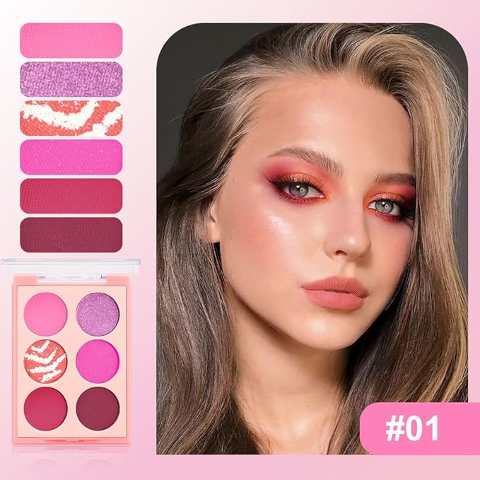 Six Colors Glitter Matte Eyeshadow Palette,Pink Purple Orange RosePink Dark Red Shimmer Sparkly Eyeshadow Palette Makeup,Prom Eyeshadows Long-Lasting Waterproof Red Pink Women Girls Eye Shadow 01