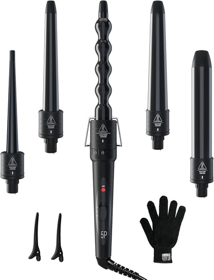 5 in 1 Curling Wand Set: Ohuhu Curling Iron Wand 5Pcs 0.35 to 1.25 Inch Interchangeable Ceramic Barrel Heat Protective Glove 2 Clips Dual Voltage Hair Curler for Girls Women Mother's Day Gift Black