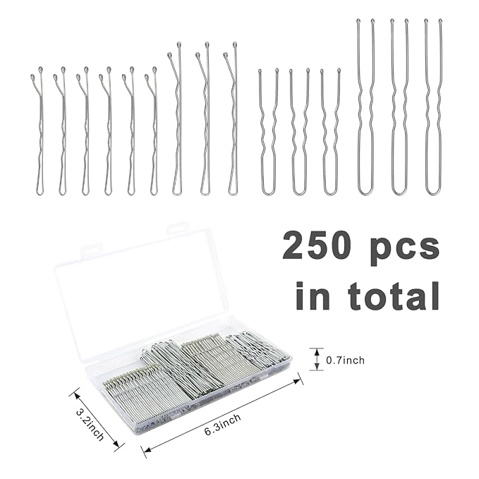 250 Pcs Hair Pins Silver Bobby Pins for Gray White Hair, Wavy Bobby Pins 2inch 2.4inch, U Shaped Silver Hair Pin for Buns 2inch 2.8inch, Suitable for All Hair Types, Hair Pins Kit for Women Girls Kids