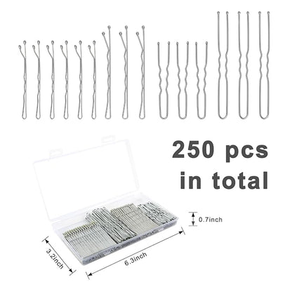 250 Pcs Hair Pins Silver Bobby Pins for Gray White Hair, Wavy Bobby Pins 2inch 2.4inch, U Shaped Silver Hair Pin for Buns 2inch 2.8inch, Suitable for All Hair Types, Hair Pins Kit for Women Girls Kids