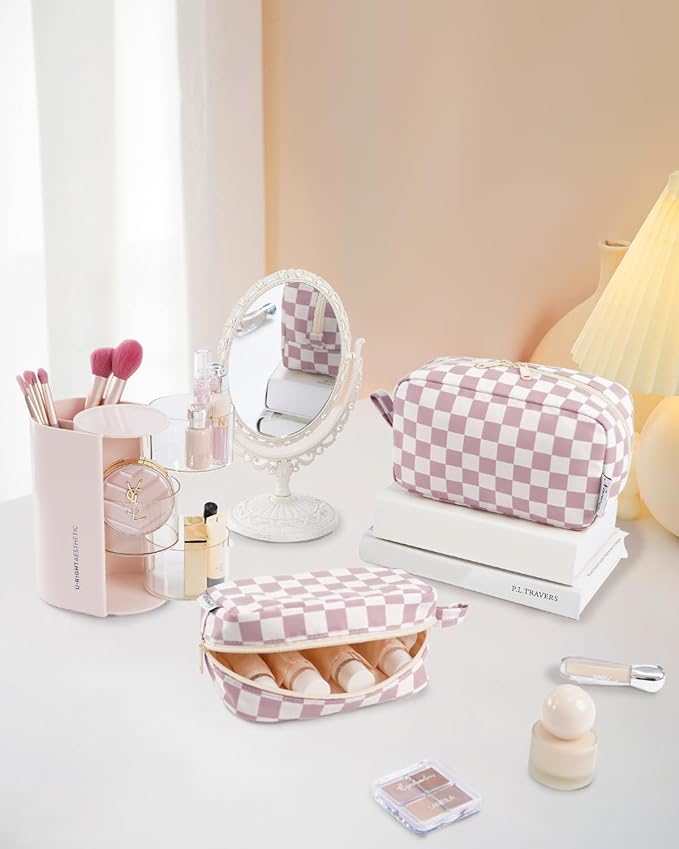 Narwey Small Cosmetic Bag, Small Makeup Bag for Purse, Travel Mini Makeup Pouch, Zipper Pouch, Cute Checkered Makeup Bag with Organized Pockets for Women (Dusty Rose Checkerboard, Small)