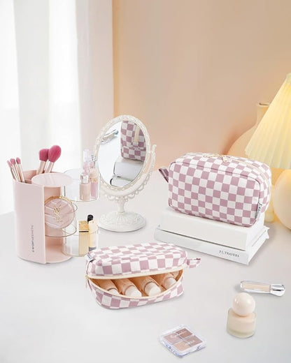 Narwey Small Cosmetic Bag, Small Makeup Bag for Purse, Travel Mini Makeup Pouch, Zipper Pouch, Cute Checkered Makeup Bag with Organized Pockets for Women (Dusty Rose Checkerboard, Small)