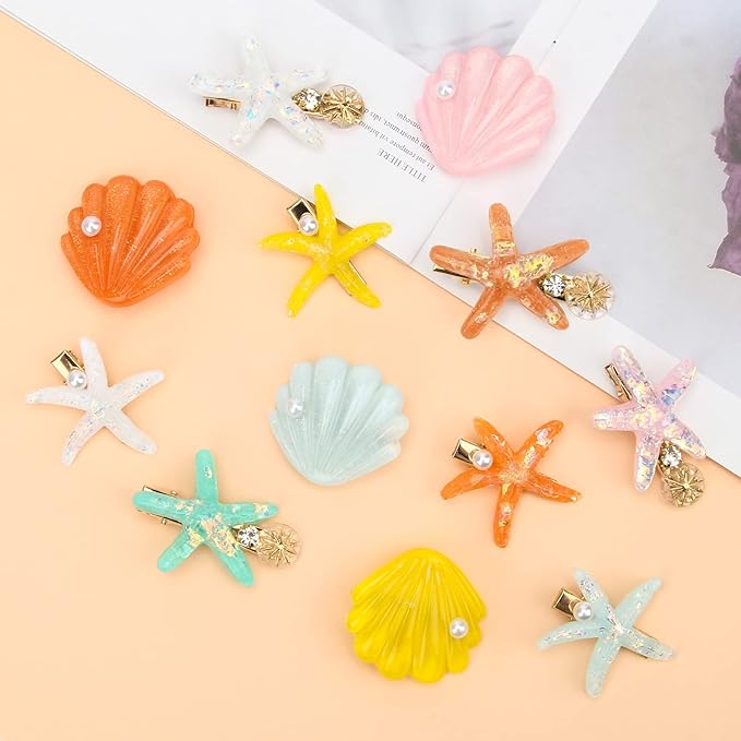12 Pieces Catcan Starfish and Seashell Hair Clips Set - Artificial Hair Accessories for Women's Headwear Styling
