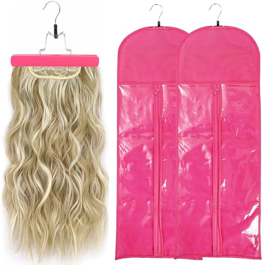 2Pcs Hair Extension Holder, Extra Long Wig Storage Bag with Hanger, Wig Storage for Multiple Wigs Hairpieces, Portable Style Hair Travel Hair Extensions Bag (31.5 Inch, 2Pcs Pink)