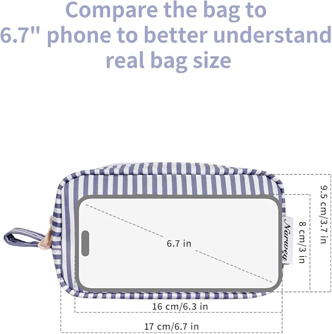 Narwey Small Makeup Bag for Purse Travel Makeup Pouch Mini Cosmetic Bag Zipper Pouch for Women (Greyish Blue Stripe, Small)