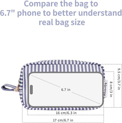Narwey Small Makeup Bag for Purse Travel Makeup Pouch Mini Cosmetic Bag Zipper Pouch for Women (Greyish Blue Stripe, Small)