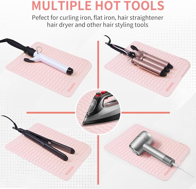 Oversize Large Silicone Heat Resistant Mat, 13.19" x 10.24" Professional Heat Mat for Curling Iron, Portable Vanity Decor Makeup Mat with Velcro Cover for Travel Vanity Salon (Pink)