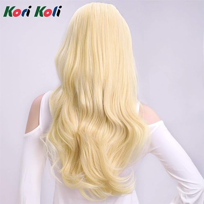 24" Long Wavy Clip in Half Head Tied Wig Blonde Premium Japanese Synthetic fibers Hair Extensions For Women 210g 8#