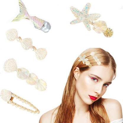 5 Pcs Starfish Seashell Hair Clips Mermaid Costume Pearl Beach Ocean Hair Accessories Women and Girls （White）