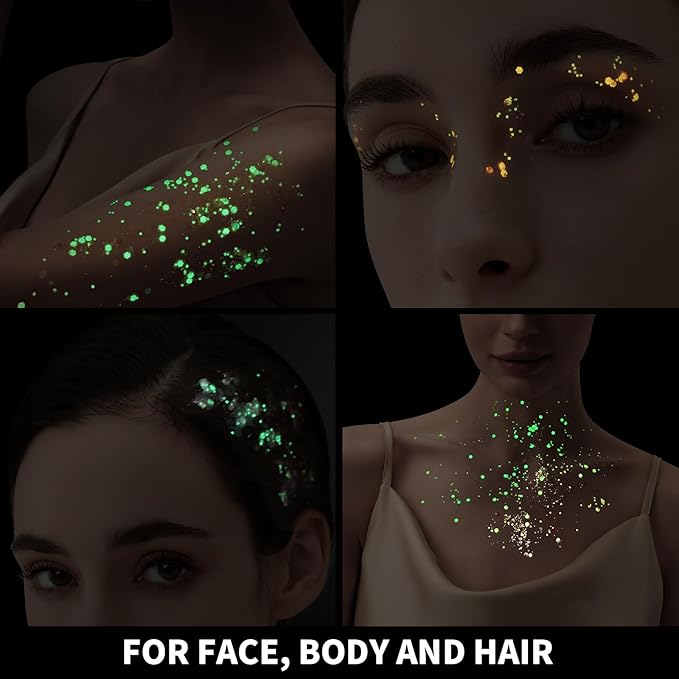 Teenitor 6 Colors Glow in The Dark Glitter Gel, Body Glitter Face Glitter for UV Black Light Party Raves Festivals
