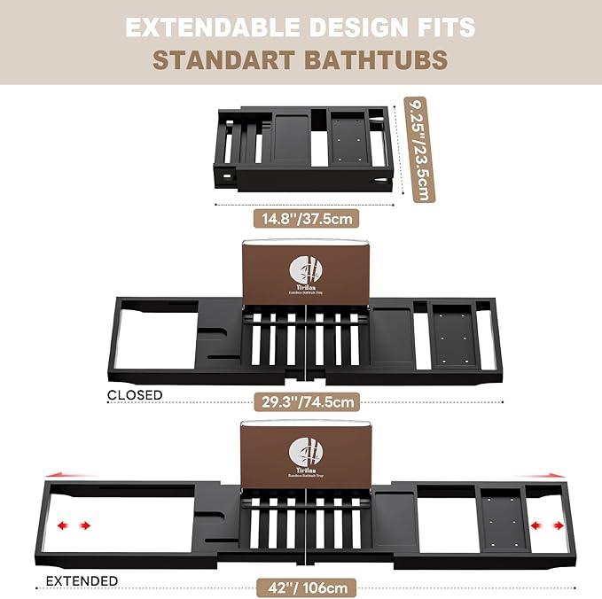 Yirilan Foldable Bathtub Caddy, Expandable Bath Tray, Unique House Warming Gifts, New Home, Anniversary and Wedding Gifts for Couple, Black