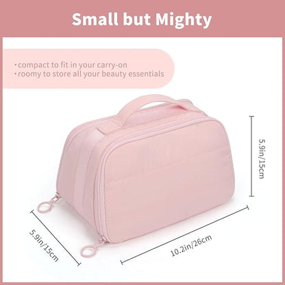 OCHEAL Travel Makeup Bag - Wide Open Cosmetic Bag for Women Make up with Two Compartments, Portable Lightweight Roomy Organizer Toiletry Bag for Girls Skincare tools Accessories-Pink