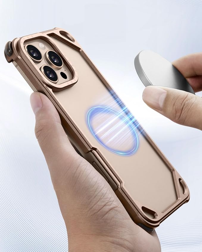 OATSBASF for iPhone 16 Pro 6.3" Bumper Case Metal, Aluminum Frame Slim Fit No Back Design, Compatible with MagSafe, 4 Corner Shockproof Protection, Minimalist Frameless Phone Case, Desert Titanium