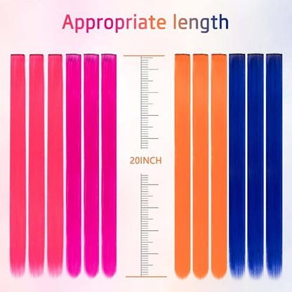 20 Packs Colored Hair Extensions 20Inch Straight Multi-Colors Party Highlights Clip In Hair Extension Synthetic Rainbow Hairpieces for Girls Kids Gift(Rose Red, Blue, Pink, Orange)