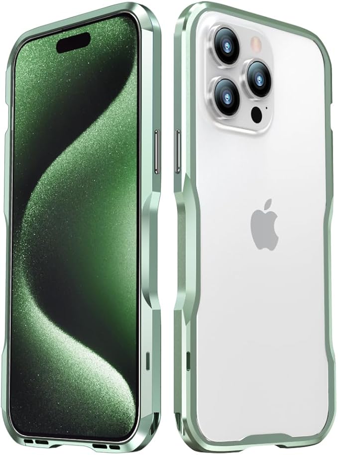 HENGHUI Aluminum Bumpers for iPhone 15 Pro Max Bumper Case with Strap Hole Metal Frame Bumper Cover Shock Absorbent Slim Cool Design (Light Green)