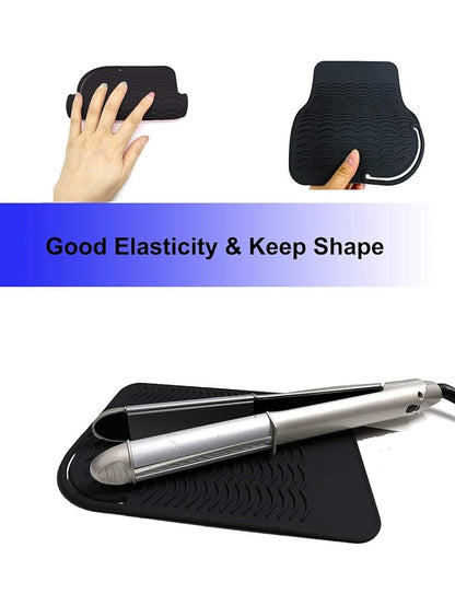 Heat Resistant Silicone Glove and Mat Set for Curling Iron, Hair Straightener, Flat Irons - 9" x 6.5" Food Grade Silicone Mat, Black