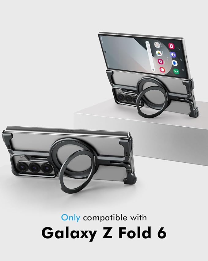 OATSBASF Frameless Metal Bumper Case for Samsung Galaxy Z Fold 6-360° Rotatable Magnetic Kickstand & Minimalist Design (Not for Heavy Drop Protection), Black