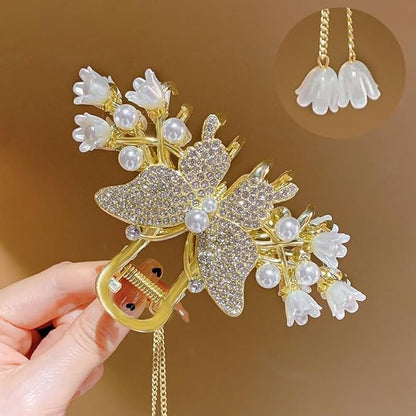 1 Pack Big Butterfly Hair Claw Clip Metal Gold Hair Clips Crystal Rhinestone Butterfly Claw Clips Lily of the Valley Pearl Tassel Design Non Slips Hair Accessories for Women Wedding Birthday Decor