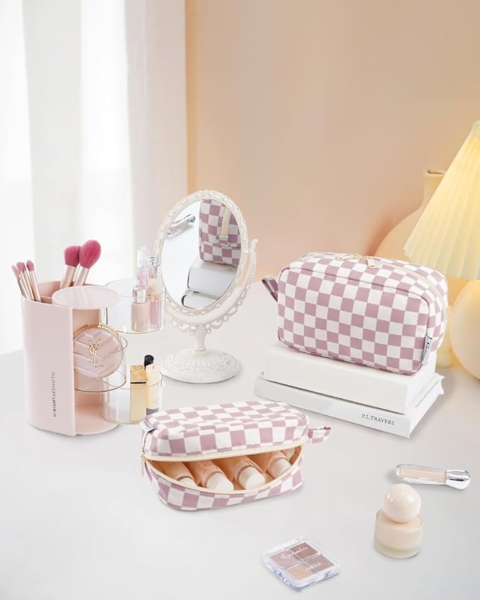 Narwey Checkered Makeup Bag Travel Cosmetic Bag Organizer Small Toiletry Bag Make Up Bags with Organized Pockets for Women (Dusty Rose Checkerboard, Large)