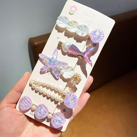 5 Pcs Starfish Seashell Hair Clips Mermaid Costume Pearl Beach Ocean Hair Accessories Women and Girls （Purple）