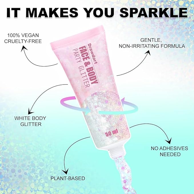 Face & Body Glitter, Cosmetic-Grade Glitter Gel- Singer Concerts Disco Festival Rave Accessories, Chunky Hair Sparkling Glitter Gel for Women, Vegan & Cruelty Free- 50ml (White)