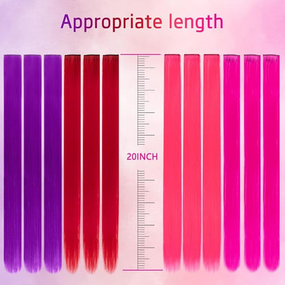 20 Pcs Colored Clip in Hair Extensions 20 Inch Long Straight Party Highlights Synthetic Hairpieces for Women Kids Girls(Red, Rose Red, Pink, Purple)