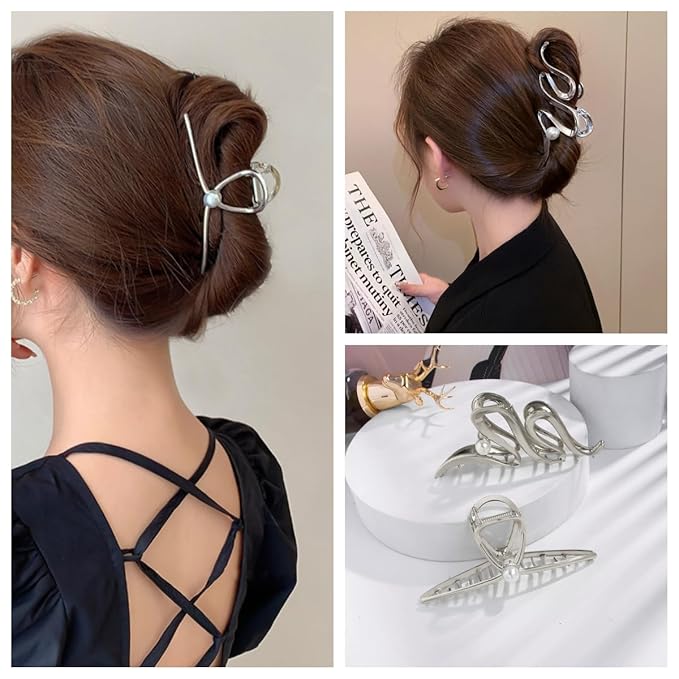 3 Pack Hair Claw Clips for Thick Long Hair, Silver Metal Wave Cross with Peal Big Jaw Clamps Hair Accessories for Women, Fashion Elegant Aesthetics Variety Hairgrip Styling Tools