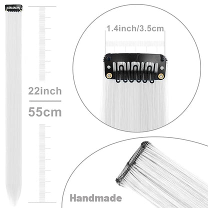 22 inch Colored Hair Extensions, Multi-colors Party Highlights Clip in Long Synthetic Hair Extensions for Girls Women Kids Party Gift(10 PCS White)