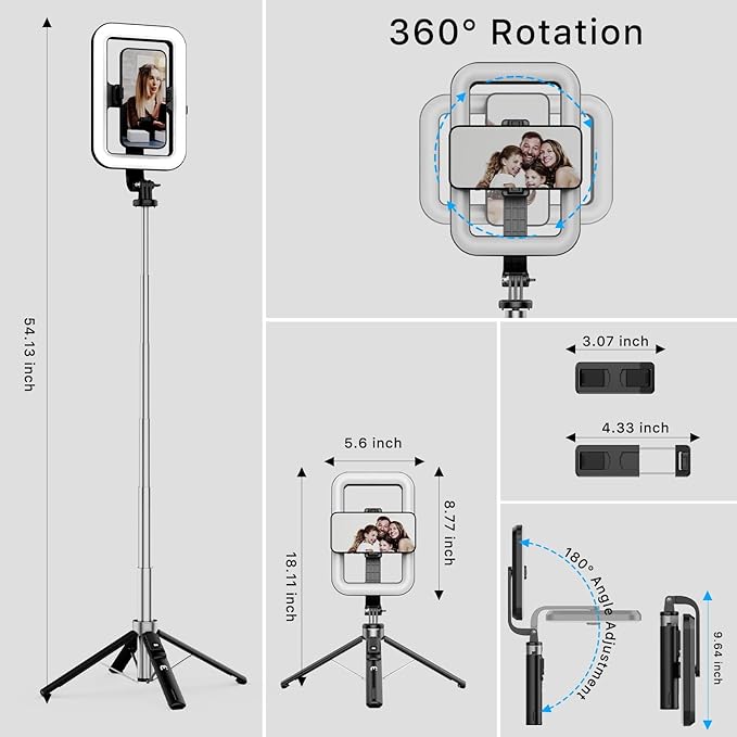 M MYBAT PRO 8" LED Selfie Light with Stand, Rectangular Light for Makeup/Live Stream, 54" Dimmable LED Light with Tripod, Phone Holder & Wireless Remote for Photography/YouTube/Video Recording