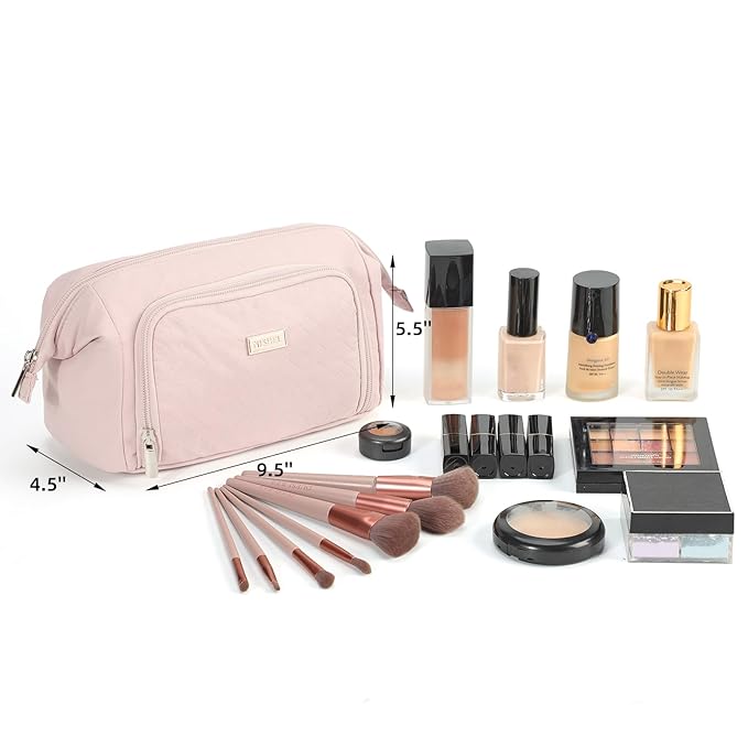 NISHEL Travel Makeup Bag for Women with Custom Front Pockets, Large Wide-open Case, Portable Essentials Organizer To Hold Travel-Size Accessory Bottles, Cosmetics, Brushes And More, Pink