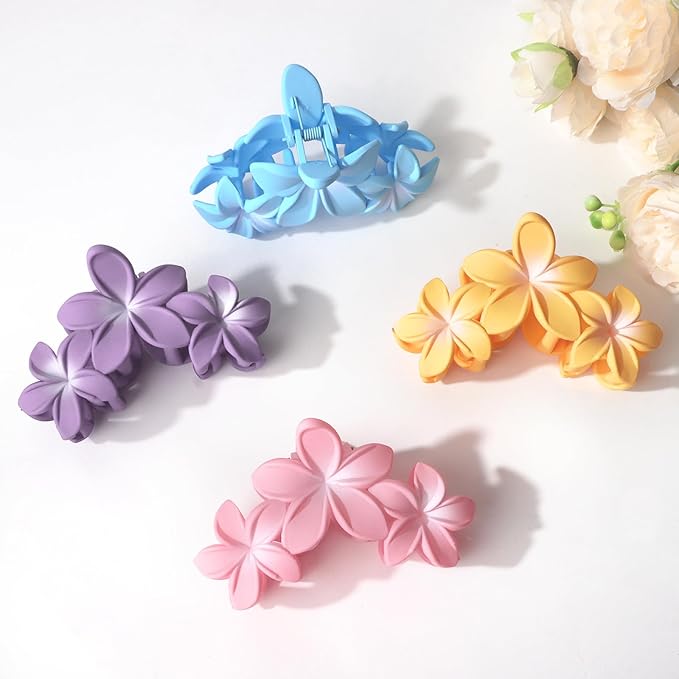 4PCS Hawaiian Plumeria Large Claw Clips for Women - Non-Slip Strong Hold Flower Hair Clips for Thick Hair (Colorful)