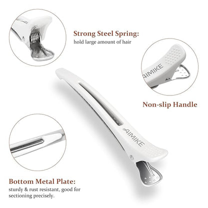 AIMIKE 6pcs Professional Hair Clips for Styling Sectioning, Non Slip No-Trace Duck Billed Hair Clips with Silicone Band, Salon and Home Hair Cutting Clips for Hairdresser, Women, Men - White 4.3” Long