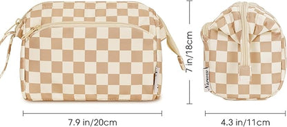 Narwey Large Checkered Makeup Bag Women Wide-open Make up Bag Travel Cosmetic Bag Organizer Toiletry Bag for Cosmetics Toiletries Accessories (Light Checkerboard)