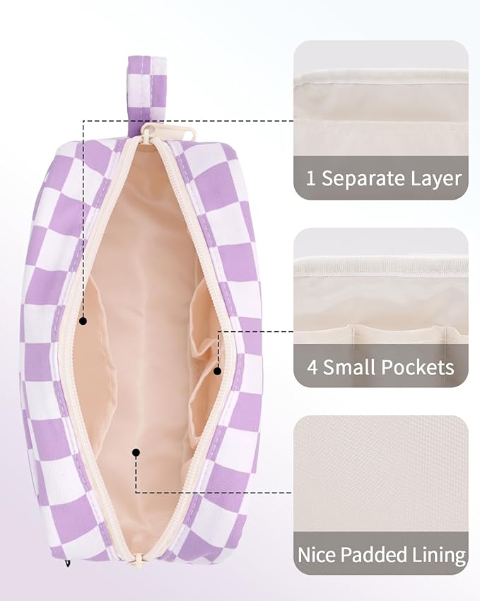 Narwey Small Checkered Makeup Bag for Purse Travel Makeup Pouch Mini Cosmetic Bag Zipper Pouch for Women (Purple Checkerboard, Small)