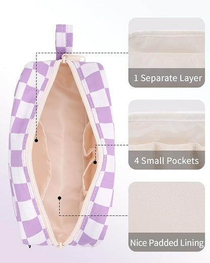 Narwey Small Checkered Makeup Bag for Purse Travel Makeup Pouch Mini Cosmetic Bag Zipper Pouch for Women (Purple Checkerboard, Small)