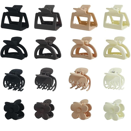 Hair Clip Set, 16Pcs Medium Claw Clips for Women Girls, Matte Rectangle Double Row Teeth Flower Semicircle Small Clips for Thin/Medium Thick Hair, Nonslip Clips (Beige, Khaki, Brown, Black)