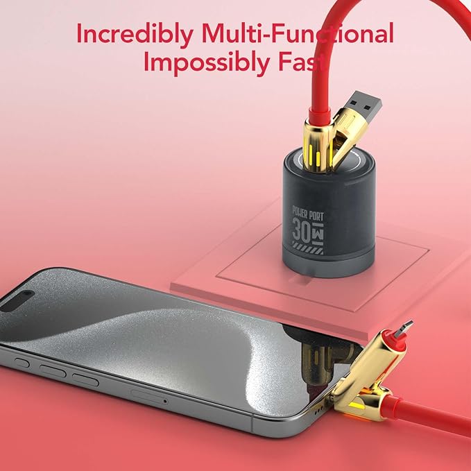 4-in-1 Universal Multi USB Charging Cable – 240W Max Fast Charger Cord with Multiple Connectors for iPhone 16/15/14/13, iPad, Samsung, MacBook, Tablets & More (Red, 6.6Ft)